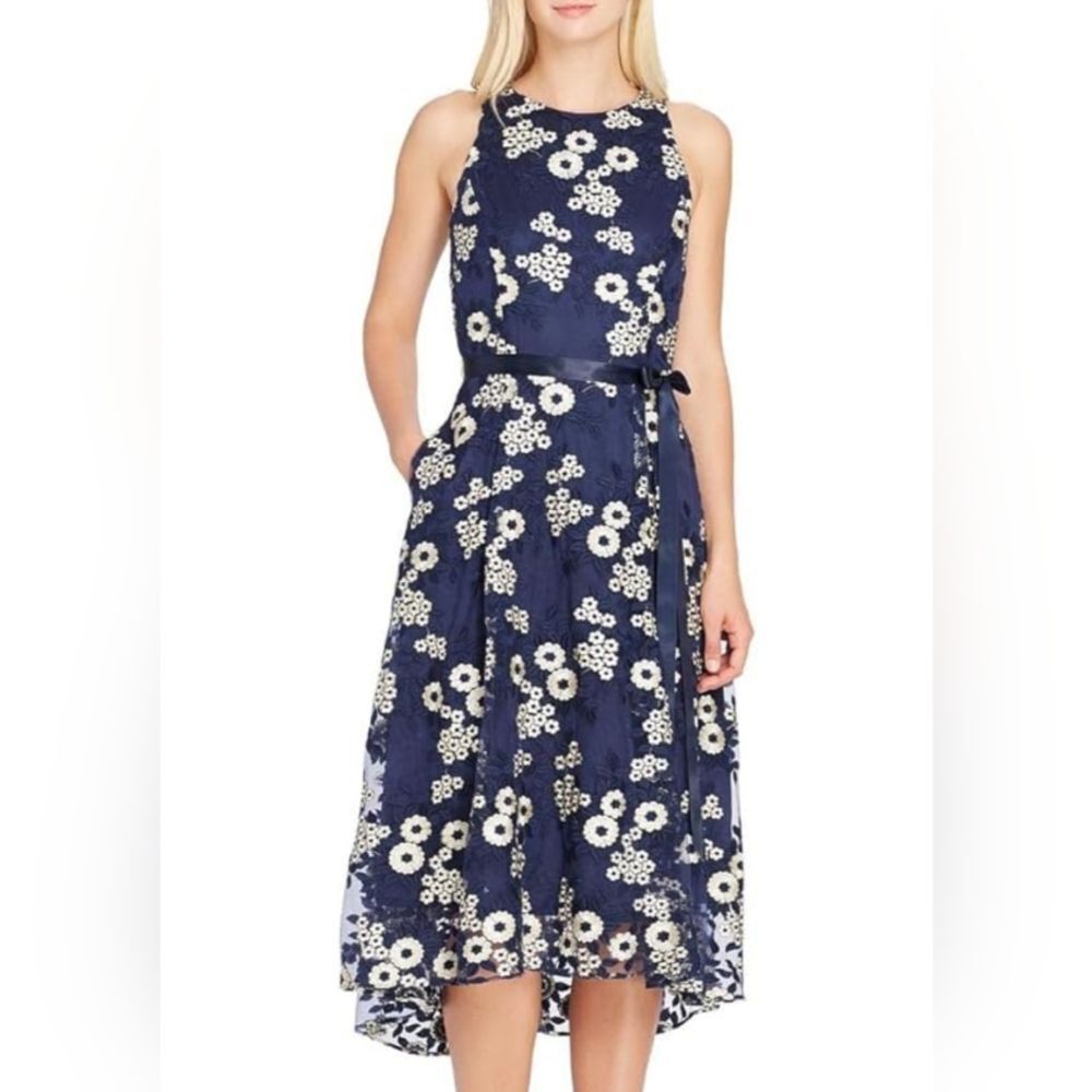 Tahari Navy Blue Gold Floral Sleeveless Embroidered Tea-Length Midi Dress 10 NWT